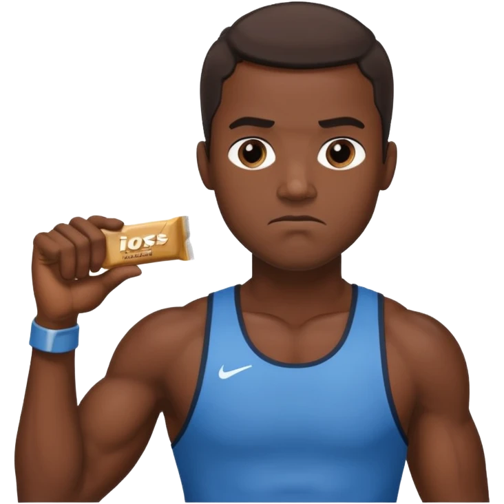 A male athlete holding a protein bar and frowning deeply emoji