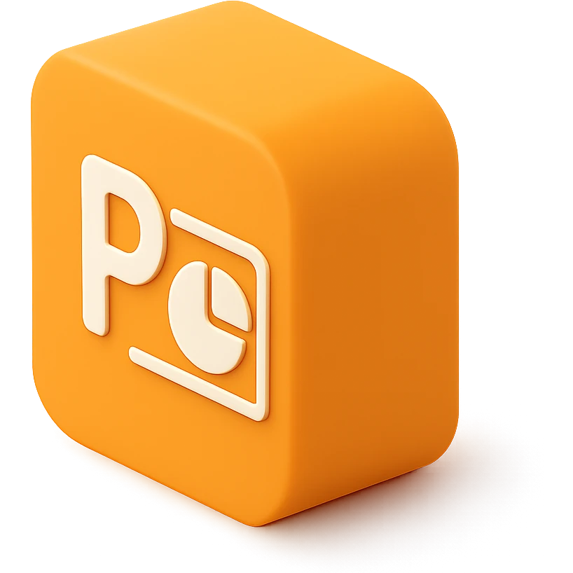Minimalist 3D PowerPoint icon, orange background, white presentation slide, subtle shadow, clean design emoji