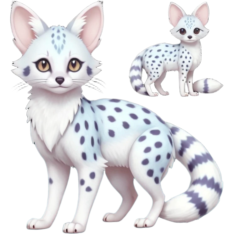 White Albino frosty snow-white whitish pastel-grey-spotted Serval-Civet-Genet-Trico-Furret-Linoone-Noibat-Espeon-Fakémon-Pokémon-animal-hybrid-fusion-creature (full body) with vibrant glowing eyes, cute, elegant, soft, realistic, pastel fur emoji