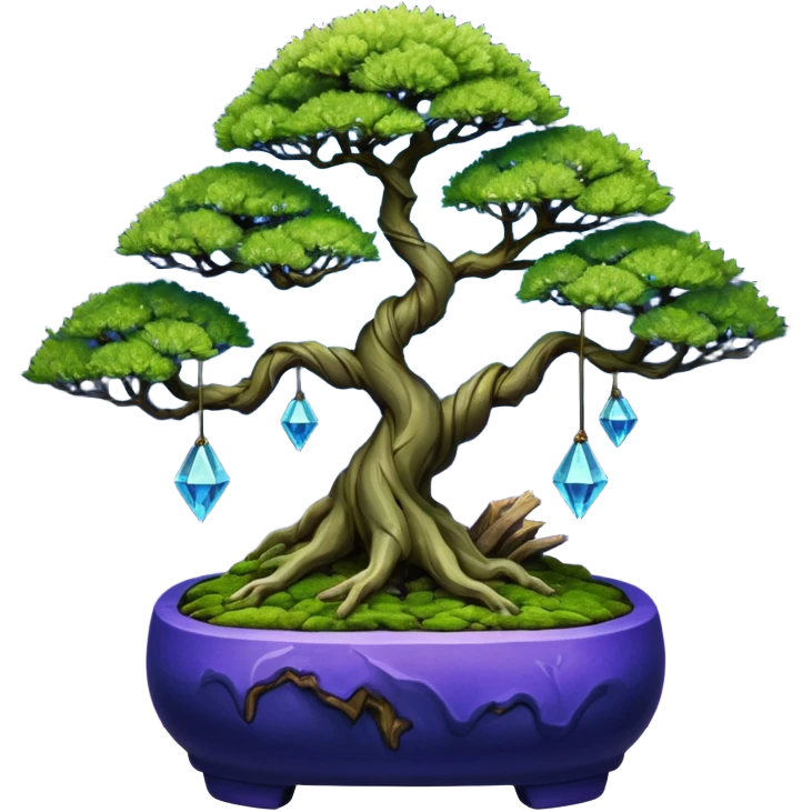 Futuristic wild glowing space alien moss maples shohin Bonsai hair-pine-leaf group multi faceted intricate crystalline-inspired boxwood purple blue informal rocky cliffhanger eight trees forest planting in shallow willow slab style pot with big animal-like feet  emoji