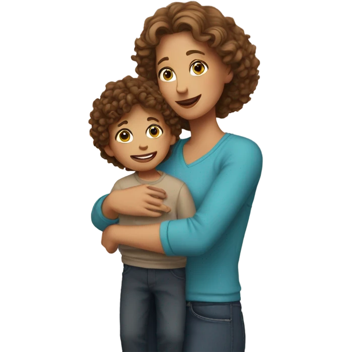 A young mother with brown hair holds her blond son with curly hair in her arms emoji