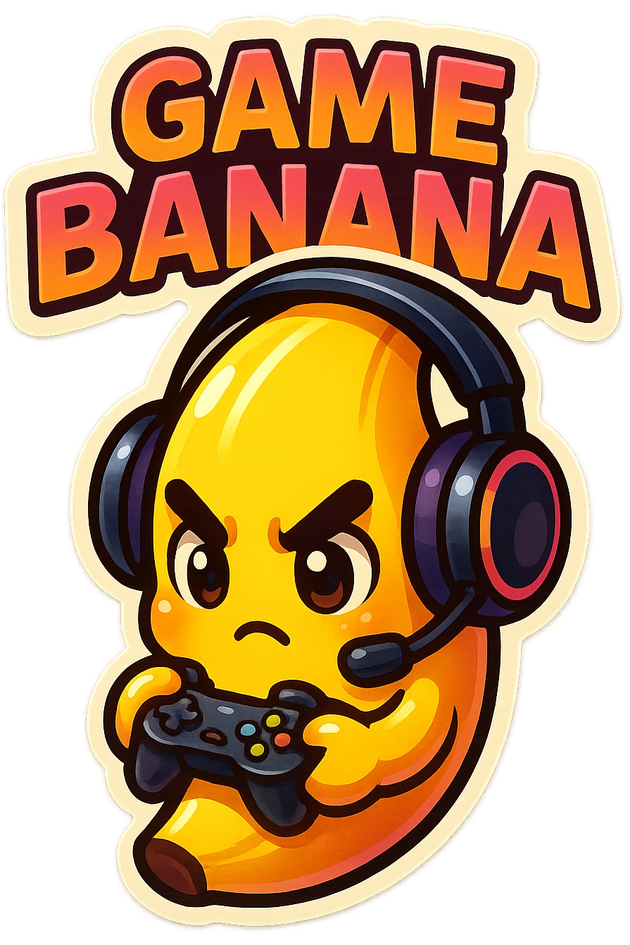 Cartoon banana wearing headset, holding tiny controller, focused expression, text above: "NE BANANA", chibi style, Twitch emoji style, transparent background, colorful emoji