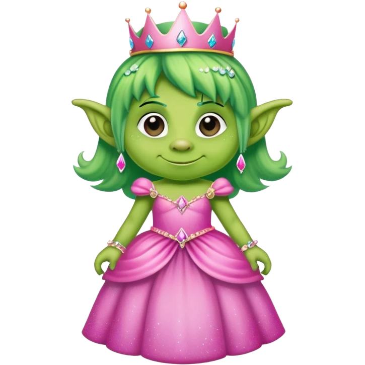 Green forest Troll wearing pink princess dress and sparkles  emoji
