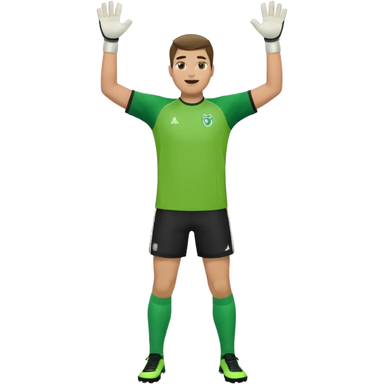 goalkeeper, standing, wearing a green shirt, shorts, socks and football trainers, with arms raised emoji