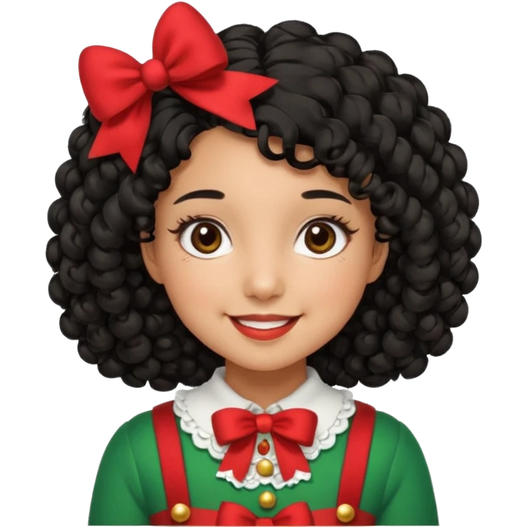 cute girl tan skin, curly black hair chin length, middle part, long eyelashes, cute cheeks, 5'2, outfit croquette style with bows and christmas theme, smiling,  no bangs emoji
