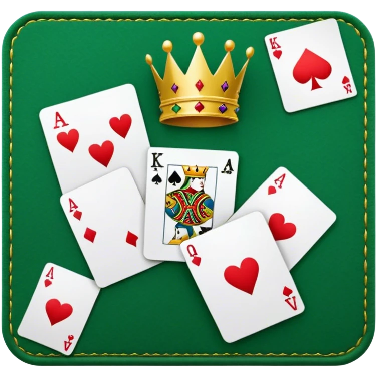 A golden crown, A royal flush hand of cards (Ace, King, Queen, Jack, and 10 of hearts) emoji