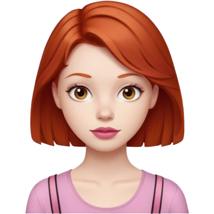Redhead girl with deep brown eyes, pale skin with light red lips wearing a pink strap shirt emoji