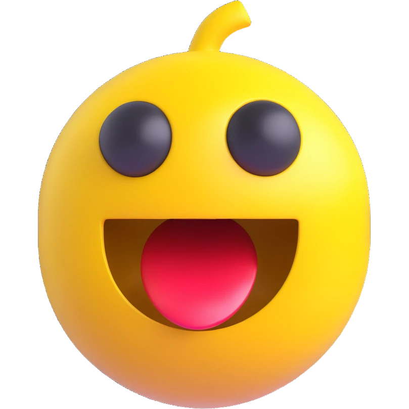 Pac-Man character, 3D emoji style, shiny yellow, open mouth, playful expression emoji