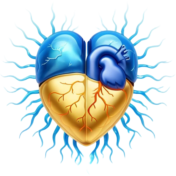 Golden omega-3 fish oil capsule with ethereal blue glowing aura connecting to a translucent heart and brain, showing energy flowing between them, with soft light waves emoji