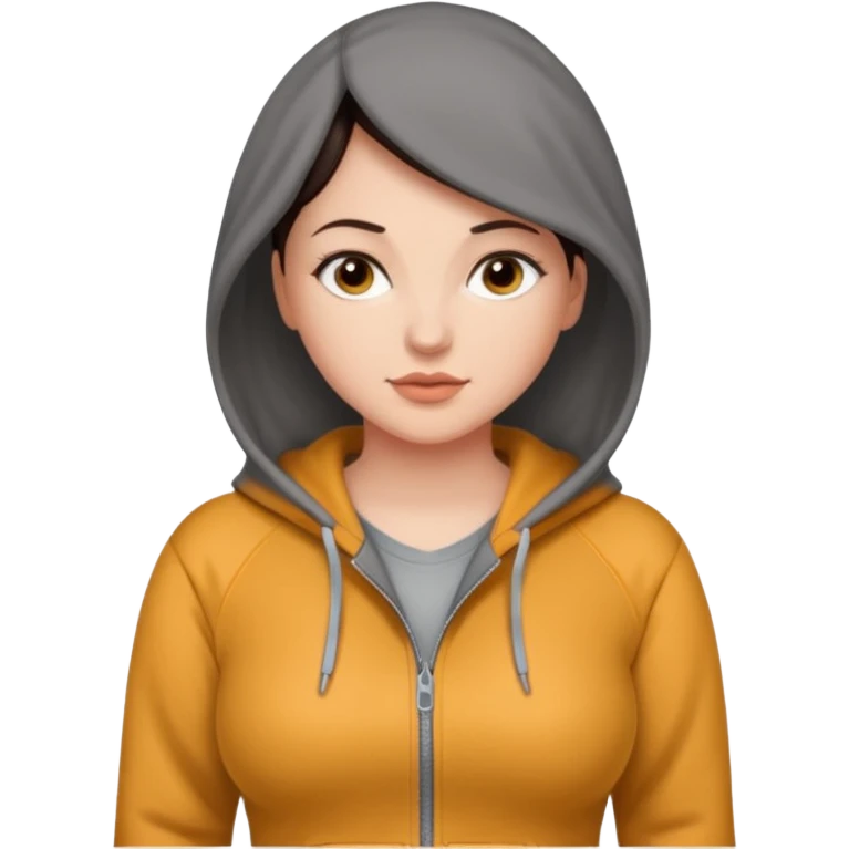 Pretty, sexy, slightly curvy white woman with short dark brown hair, wearing a tight, gray, front zippered hoodie emoji