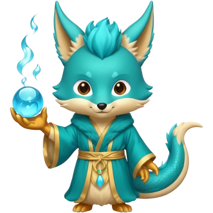 Chibi teal fox-dragon emoji with small antler horns, confident magical expression, gold mark on forehead, teal-gold robe, holding glowing blue water orbs, with dragon tail emoji