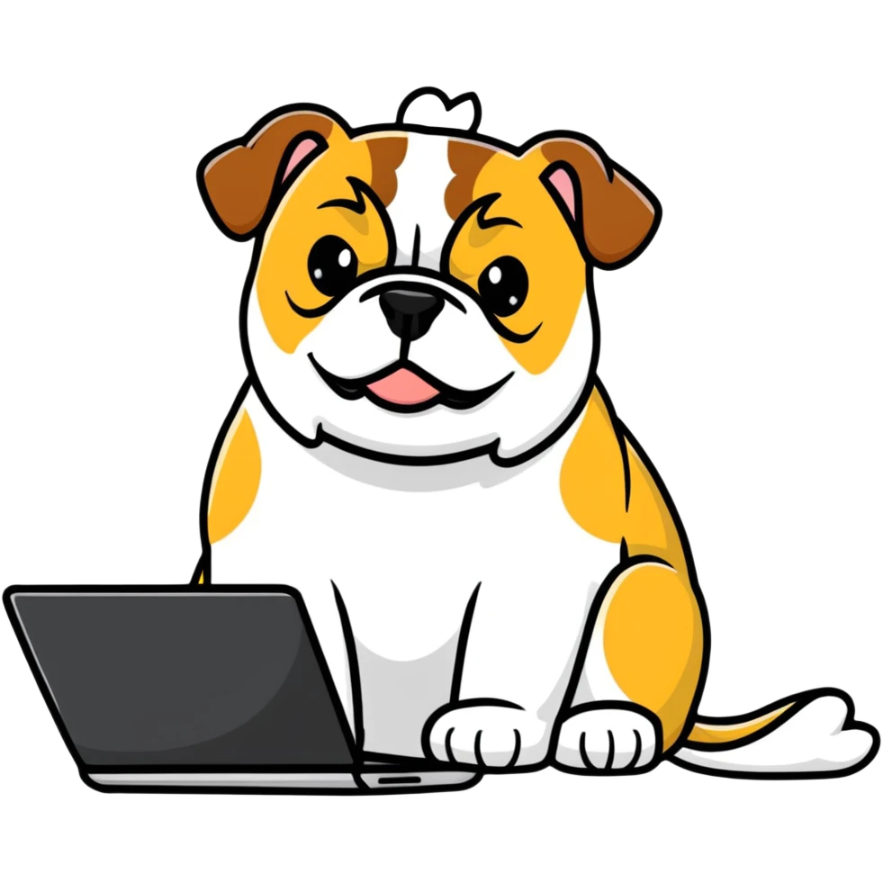 English bulldog sitting with a laptop emoji