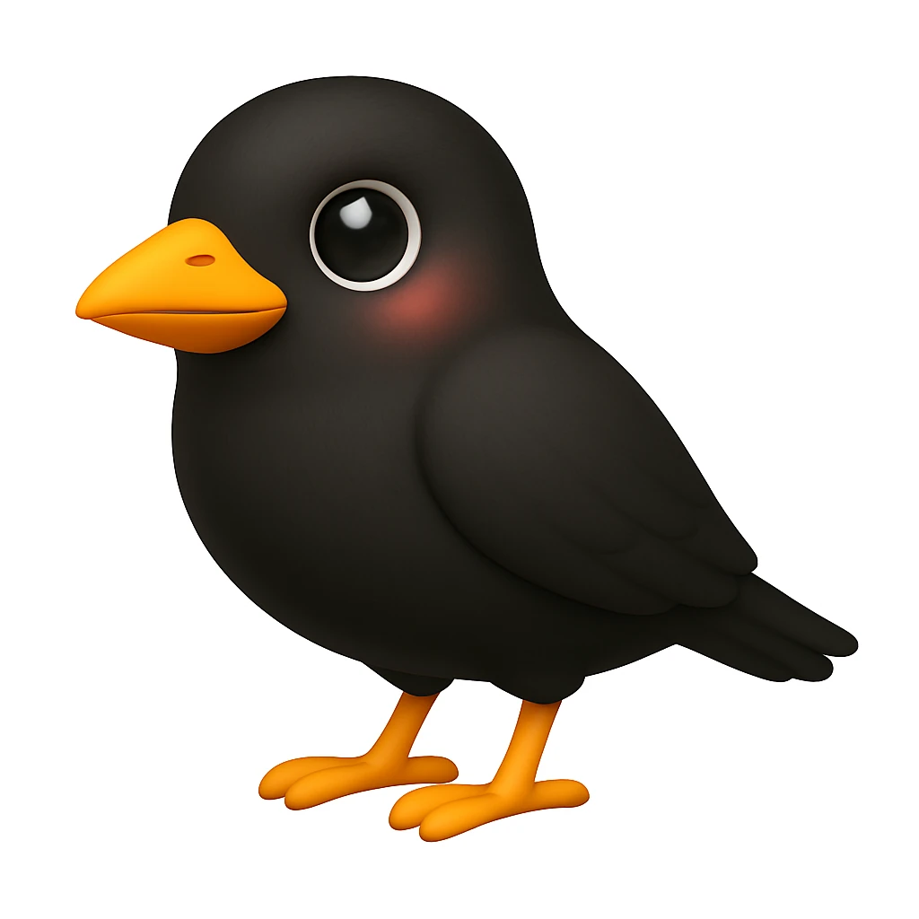 Keep the bird face exactly like the reference image but show the whole body in iOS emoji style. Same face, color, and expression, smooth and shiny, standing bird pose. Add a slight blush to the cheeks. emoji