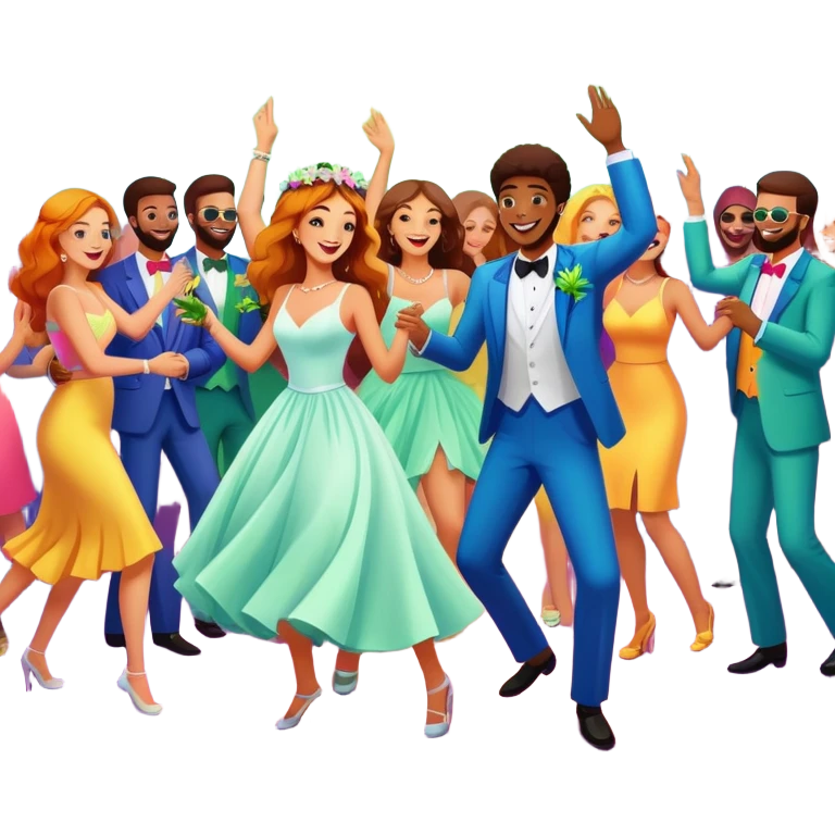 Wedding guests dancing on dance floor with cannabis, colorful party atmosphere, disco lights, cheerful cartoon style emoji