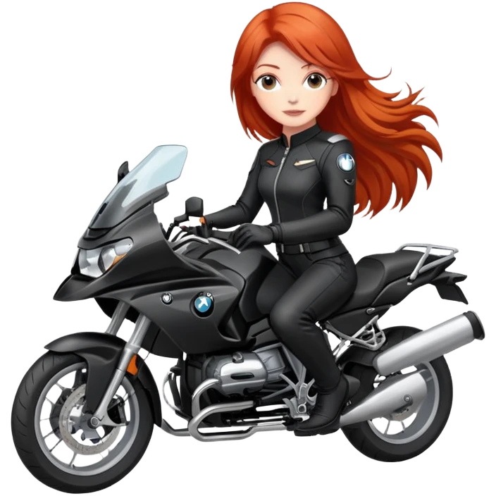 red-haired beautiful girl in a black motorcycle suit on a bmw motorcycle emoji