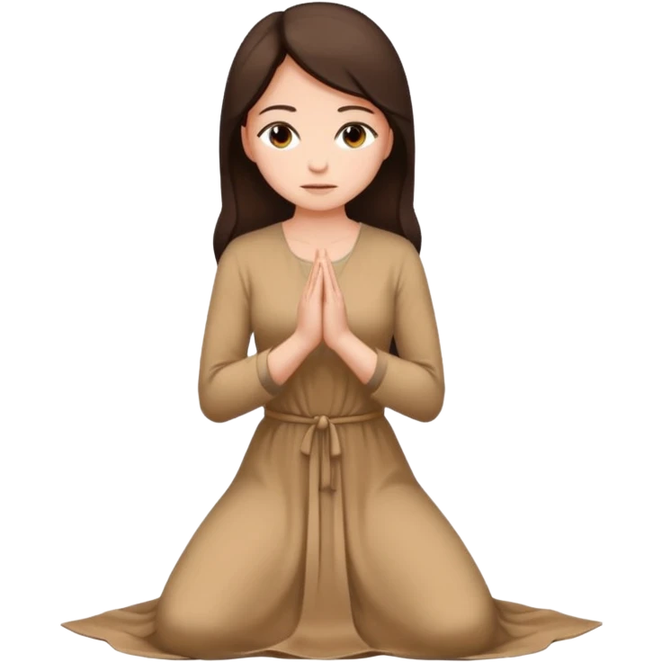 woman with dark brown hair, kneeling and praying in long tan dress emoji