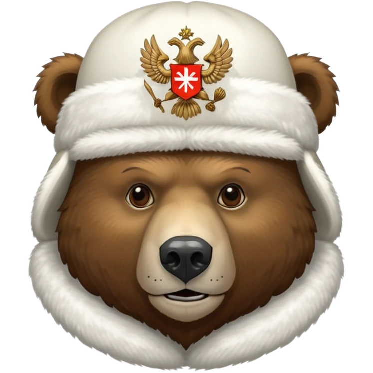 Russian brown bear head only, wearing white furry ushanka hat with realistic double-headed eagle coat of arms in the center, iOS emoji style emoji