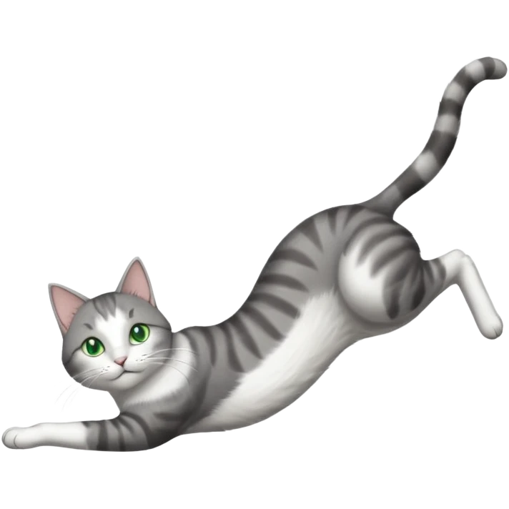 grey and white cat with green eyes doing a big extremely long stretch reaching up into the air with arms and legs side by side together straight and overextended whilst lying on its side emoji