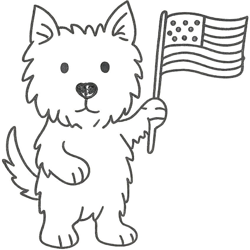 Westie dog waving a US flag, hand drawn black outline style emoji