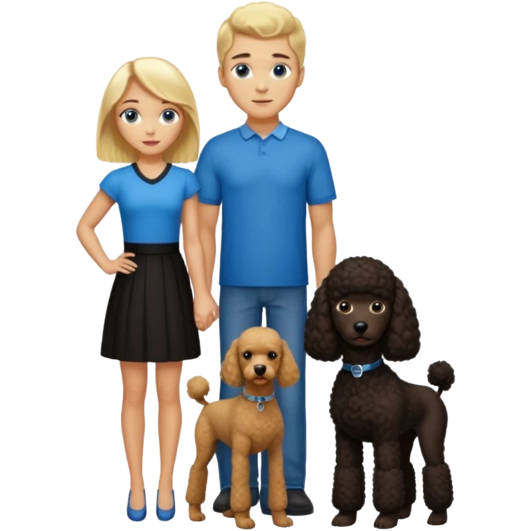 Create an emoticon depicting two people. One person is a tall man with blonde hair and blue eyes. The other is a shorter woman with dark brown hair, brown eyes and brown dark skin. Between them, there is a large black poodle standing. emoji