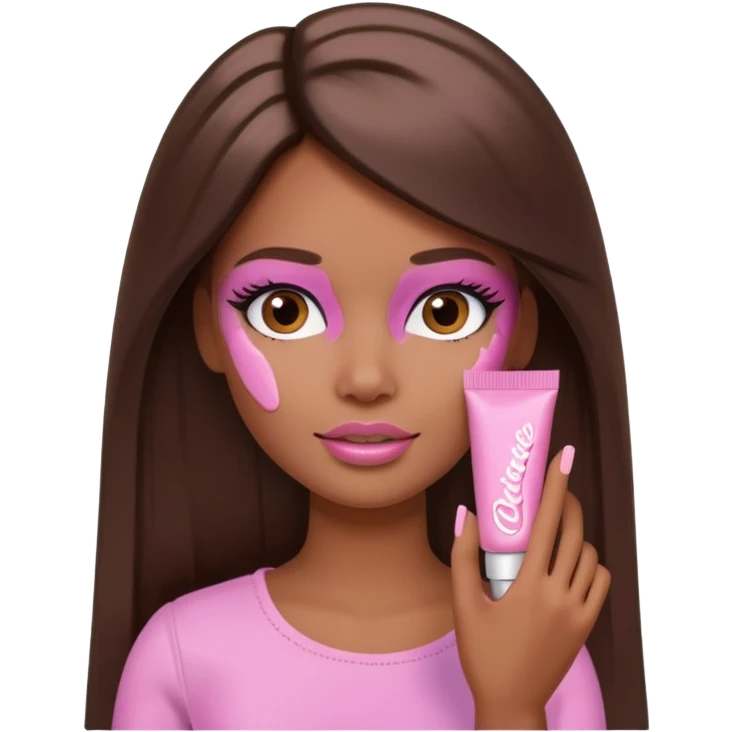 Barbie girl brown long Straight hair and brown eyes is In pale pink smears by hand cosmetic cream on her face emoji