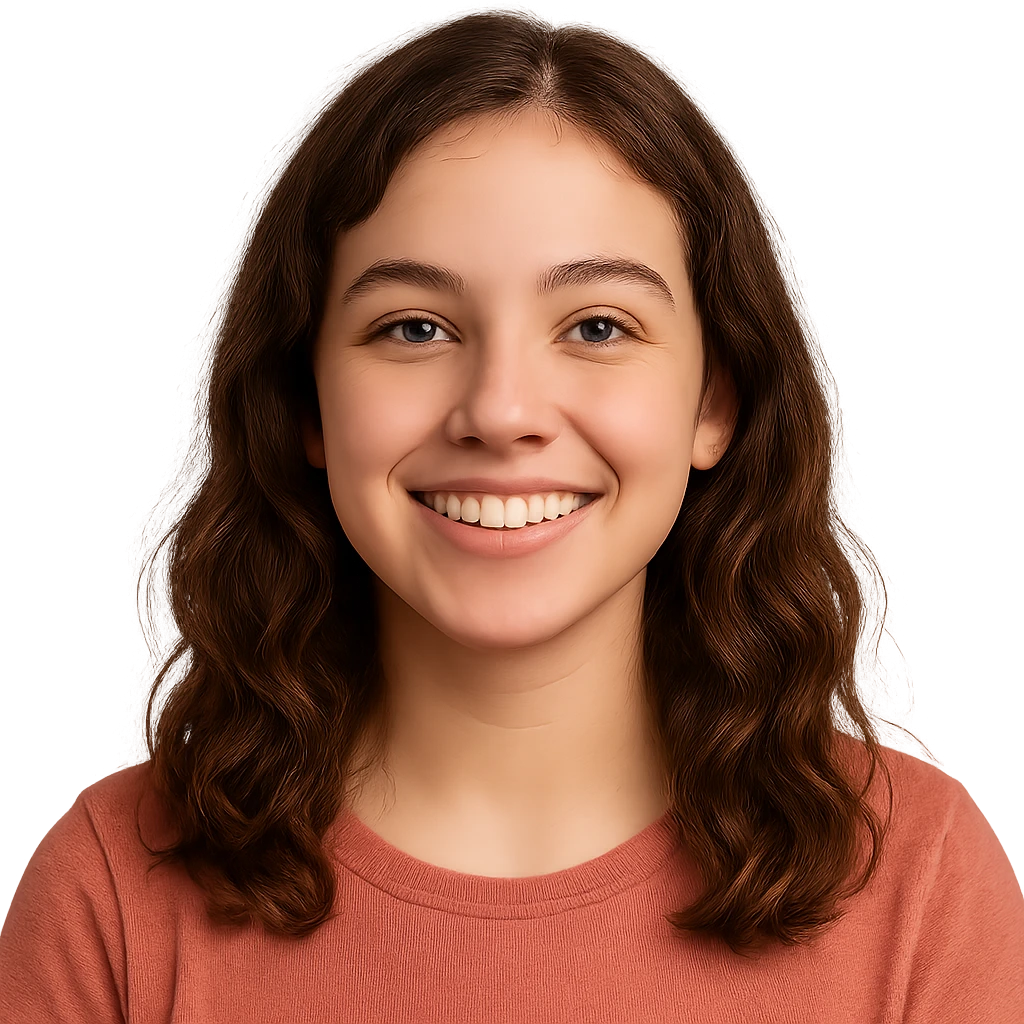 a girl with brown, slightly wavy hair, friendly expression emoji