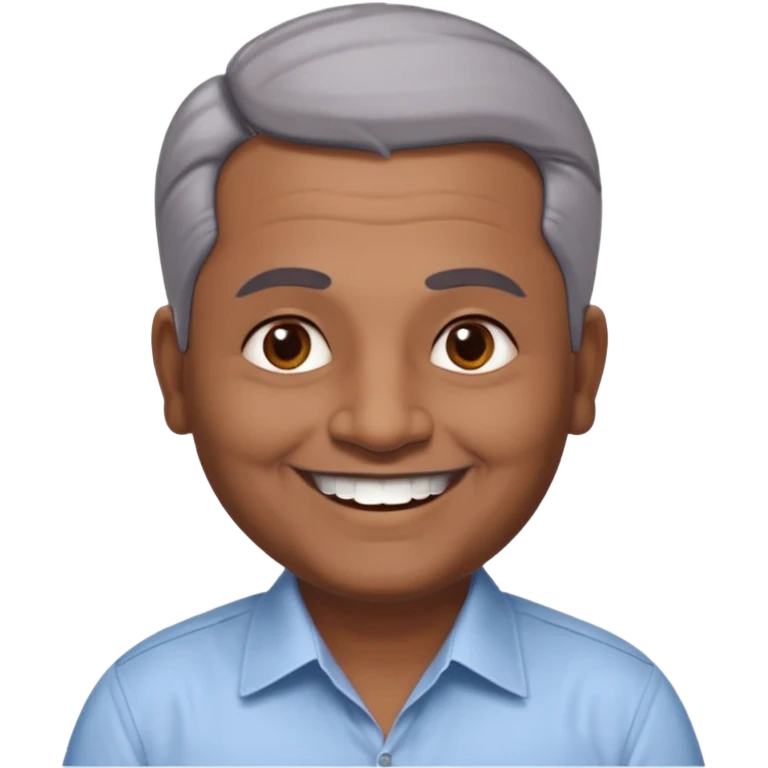 50 yr old indian man, dark skin, grey hair, big smile, white teeth, chubby, no moustache, clean shaven, young style hair, hair brushed back, 5 oclock shadow, bindy, dress shirt, forehead dot, chubby emoji