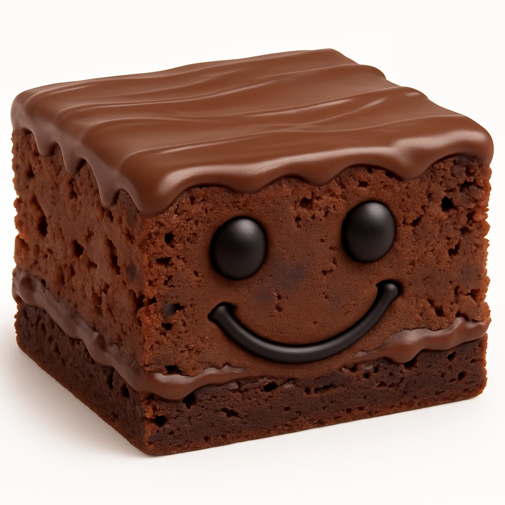 Make the chocolate brownie less tall and more like a flatter square. Change the smiley face to have black eyes and a black smile instead of yellow and red. Maintain the 3D emoji style with realistic depth and shading. emoji