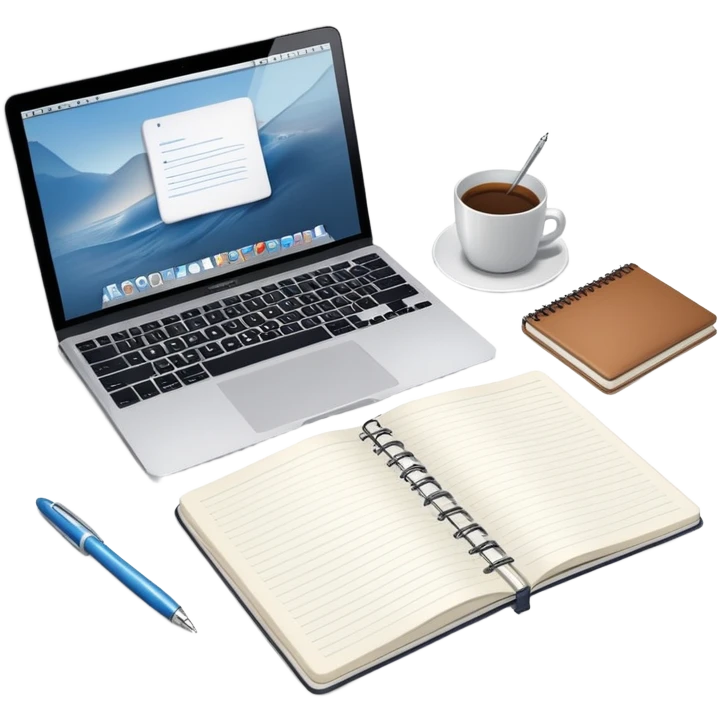 top view of a MacBook and a notebook with a pen nearby, notebook with visible notes emoji