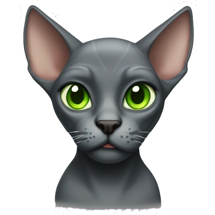 Dark gray hairless cat with angry green eyes and big ears and wrinkles emoji