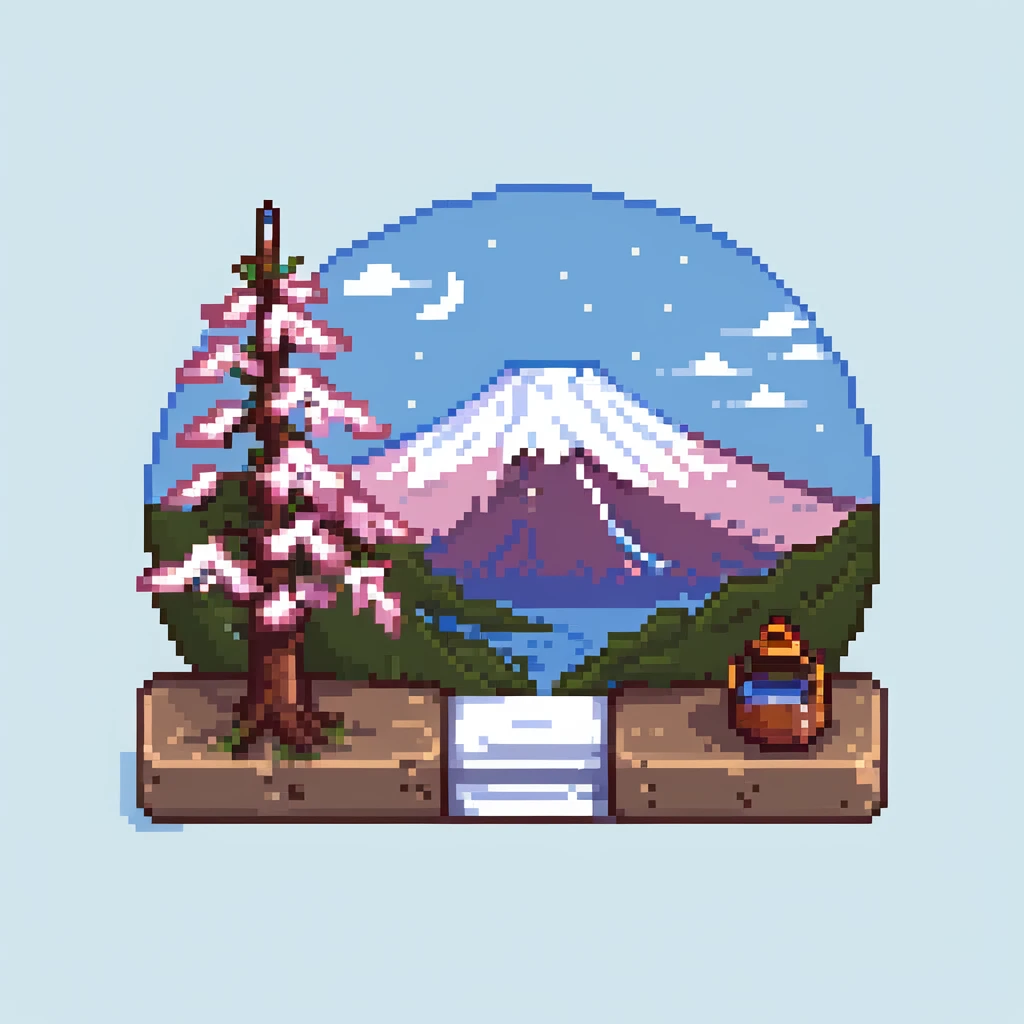 Mount Fuji with snow cap and cherry blossoms around the base emoji