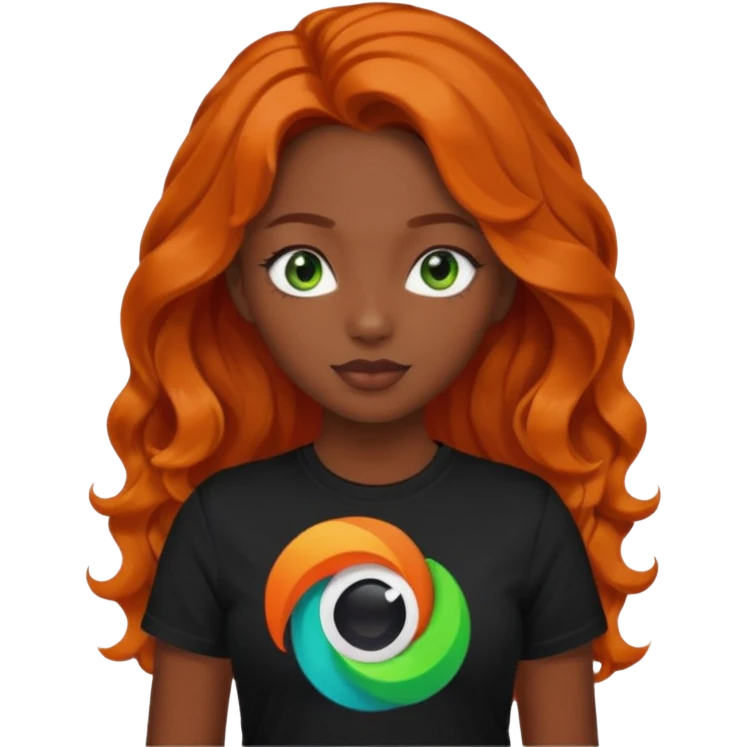 Girl with dark long orange wavy hair, green eyes, and black t-shirt with tiktok app on hand emoji