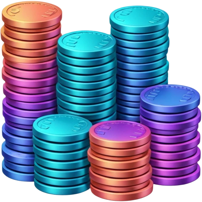 Many Coins pack stack
in gradient of turquoise, blue, pink, purple, and coral
 emoji