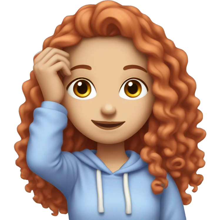 a white girl with long red curly hair, wearing a pastel periwinkle hoodie doing a pose emoji