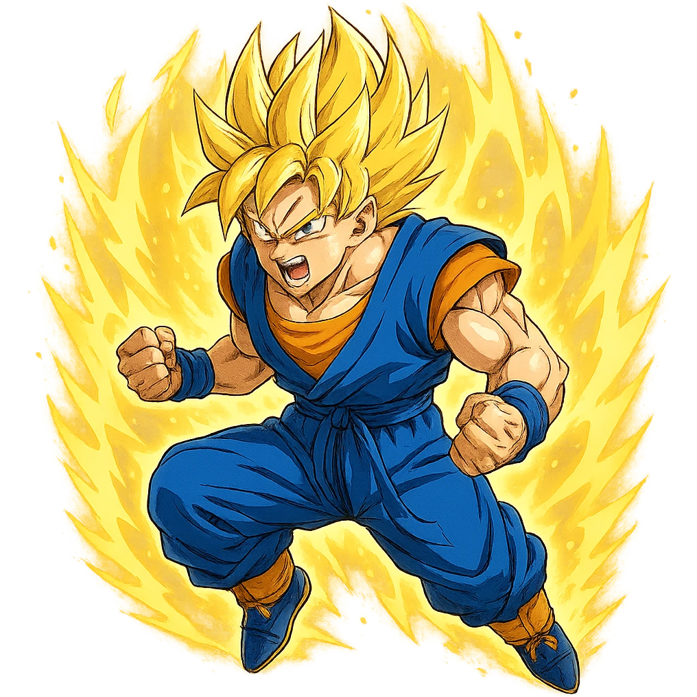 Son Goku, Super Saiyan form, golden spiky hair, blue and orange gi, energy aura, dynamic anime style emoji