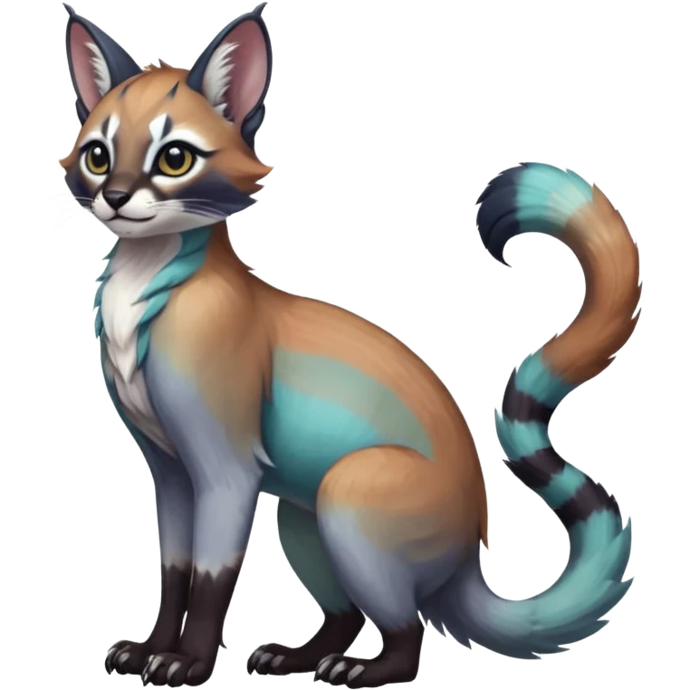 Colorful dark tropical iridescent pastel white glorious divine exotic cute cool beautiful shiny beautiful fantasy-caracal-civet-genet-sergal-vernid-Gryphon-Cacomistle-Trico-oncilla-animal-Fakémon-hybrid-fursona (full body) emoji