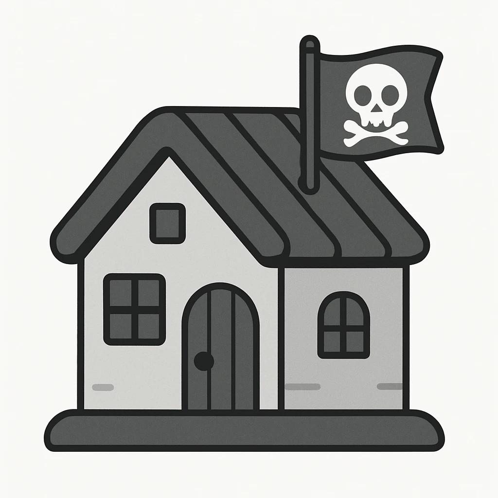 old pirate's house with skull flag emoji