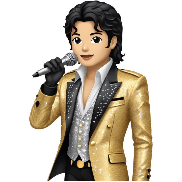 Create a dynamic and stylish emoji representing pop vocal performance with a vintage stage microphone as the central element, surrounded by iconic elements of Michael Jackson’s stage presence. Include a silhouette of his famous glittering jacket or sequined gloves, paired with the microphone to evoke his unique style. Add dramatic musical notes swirling around the microphone and jacket to symbolize the energy and showmanship of pop vocals. Use bold colors like gold, black, silver, and white to reflect the glamour and electrifying performance of a pop legend. The background should be transparent. emoji