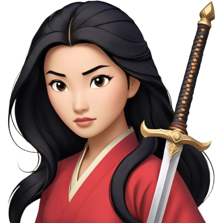 Cinematic Realistic Mulan Portrait, depicted with lifelike skin texture, soft natural lighting, and intricately detailed long black hair styled elegantly. Her deep, expressive eyes exude determination and grace, complemented by a serene yet confident expression. She stands with one hand resting on the hilt of her sword, the other by her side, exuding strength and poise. She is dressed in her classic attire, with rich fabric textures and delicate folds that catch the light beautifully. The portrait features a soft, enchanting glow with a natural, radiant finish, capturing the essence of timeless strength and beauty in a realistic and painterly style, evoking a sense of depth and authenticity. emoji