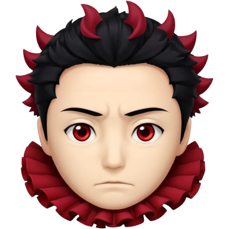 Tanjiro Kamado has a kind, yet determined, appearance with ruffled, black hair that has red/burgundy tips. His most prominent facial features are his wide, dark red eyes and a distinctive scar on the top left of his forehead. emoji