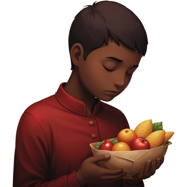 An abstract silhouette of a person holding food with head bowed in guilt or contemplation, dramatic lighting with shadows, red and dark tones, emotional and introspective mood, semi-realistic, digital painting emoji
