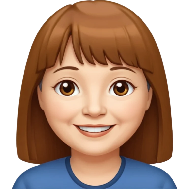 60 yr old woman, very small brown eyes, long straight brown hair, bangs, chubby emoji