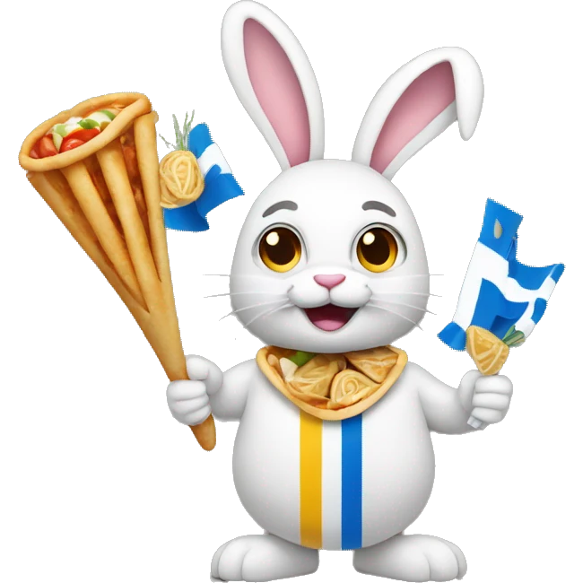 Easter bunny wearing a Greek flag holding a gyros emoji