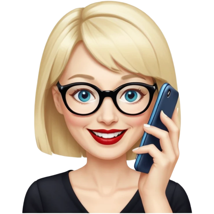 Woman in her early 50s with pale skin, wider face, blue eyes with eyeliner, thin eyebrows, red lipstick, blonde hair up with bangs, wearing black glasses. Laughing on a mobile phone  emoji