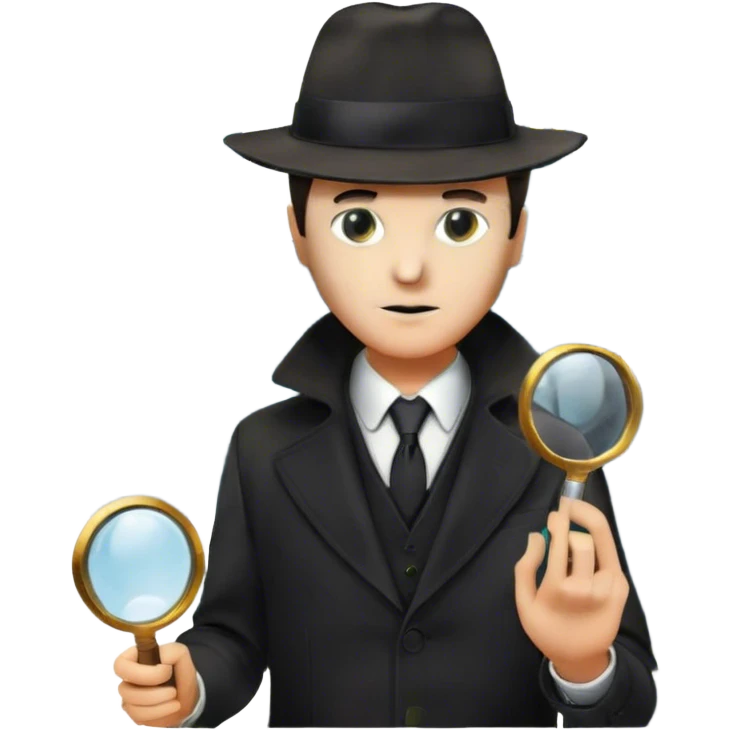 A colorful collage featuring iconic detective elements—magnifying glass, a fedora hat, a cigarette, a shadowy figure, and a mysterious city backdrop, a board with photos of suspects. Include subtle clues like fingerprints or a crime scene. Retro movie poster style. Transparent background. emoji