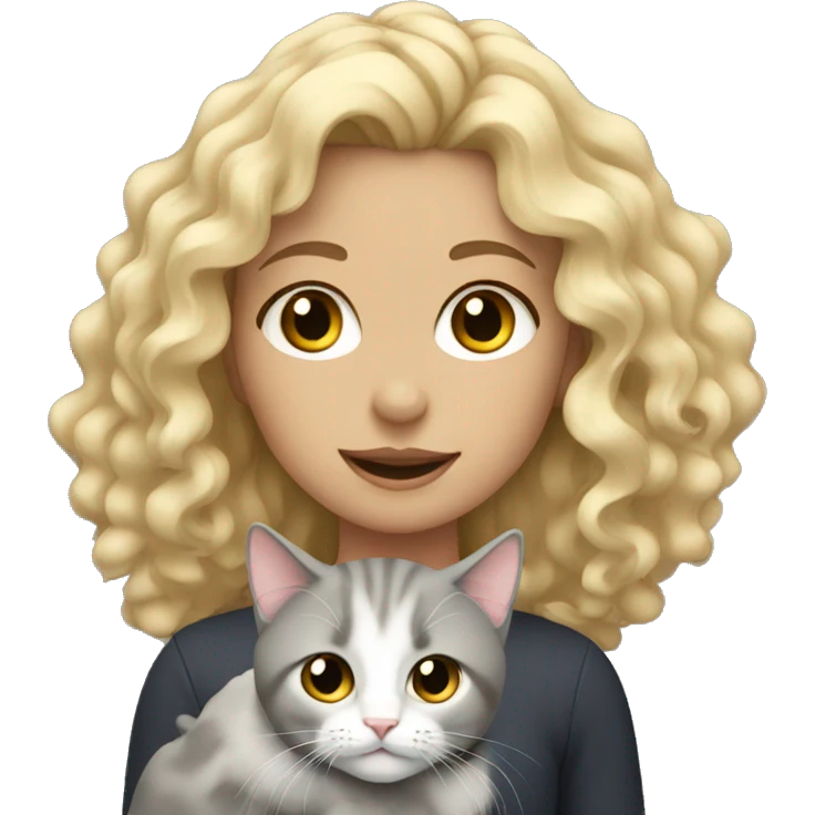 Girl with curly blonde hair holding a grey cat emoji