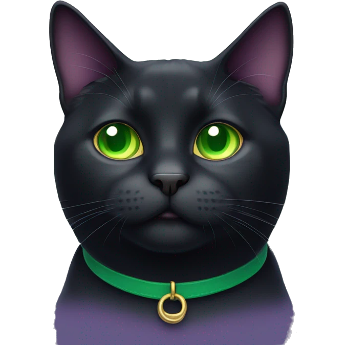 fat black cat with green eyes and purple collar emoji