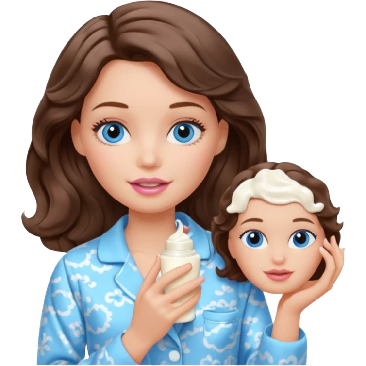 Barbie girl with makeup, blue eyes , and bob long haircut wavy, short brown hair in creamy color pajamas, face cream in hand emoji