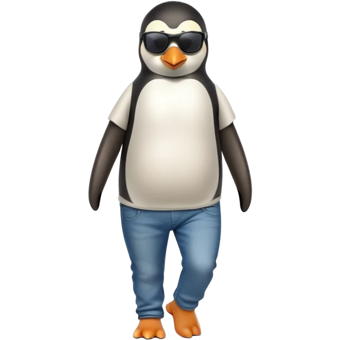 friendly anthropomorphised penguin in jeans and a t-shirt, wearing dark sunglasses, jogging upright, relaxed pose emoji