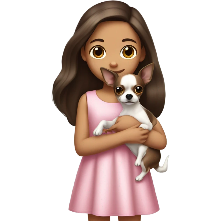 Little Girl with White skin, black eyes. Long brown hair with. She is wearing a pink and White dress, standing and holding on to a Chihuahua  emoji
